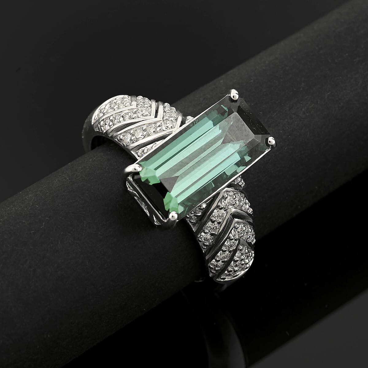 Certified & Appraised Rhapsody AAAA Lagoon Tourmaline and E-F VS Diamond 5.05 ctw Ring in 950 Platinum (Size 10.0) 9.35 Grams image number 1