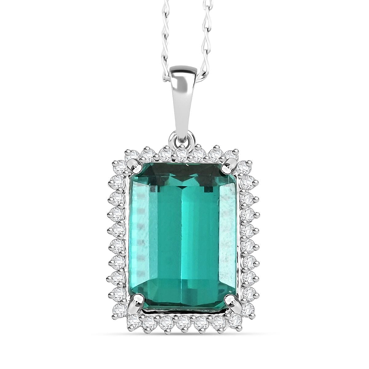 Certified & Appraised Rhapsody AAAA Pirineu Lagoon Tourmaline and E-F VS Diamond 8.15 ctw Pendant without Chain in 950 Platinum image number 0