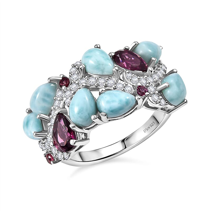 D'Joy Larimar and Multi Gemstone 5.50 ctw Sea Waves Ring in Rhodium Over Sterling Silver (Size 10.0)
