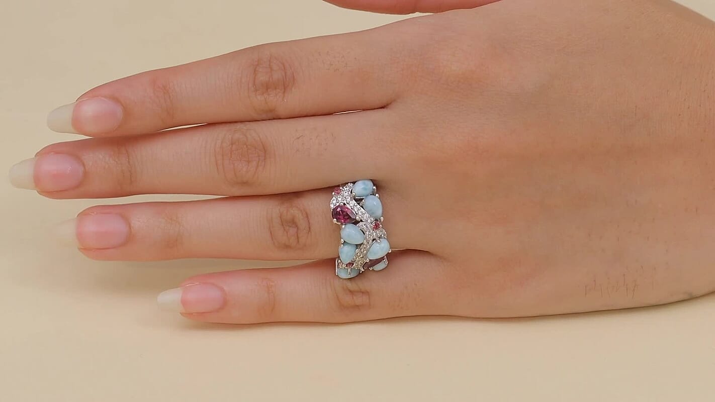 D'Joy Larimar and Multi Gemstone 5.50 ctw Ring in Rhodium Over Sterling Silver (Size 10.0)