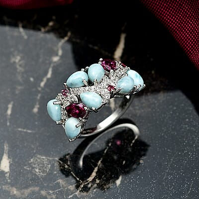 D'Joy Larimar and Multi Gemstone 5.50 ctw Sea Waves Ring in Rhodium Over Sterling Silver (Size 10.0)