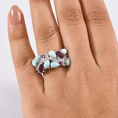 D'Joy Larimar and Multi Gemstone 5.50 ctw Sea Waves Ring in Rhodium Over Sterling Silver (Size 10.0)