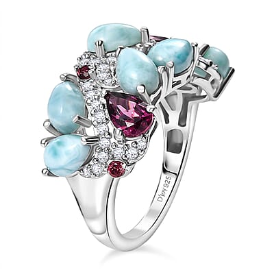 D'Joy Larimar and Multi Gemstone 5.50 ctw Sea Waves Ring in Rhodium Over Sterling Silver (Size 10.0)