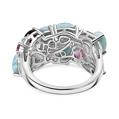 D'Joy Larimar and Multi Gemstone 5.50 ctw Sea Waves Ring in Rhodium Over Sterling Silver (Size 10.0)