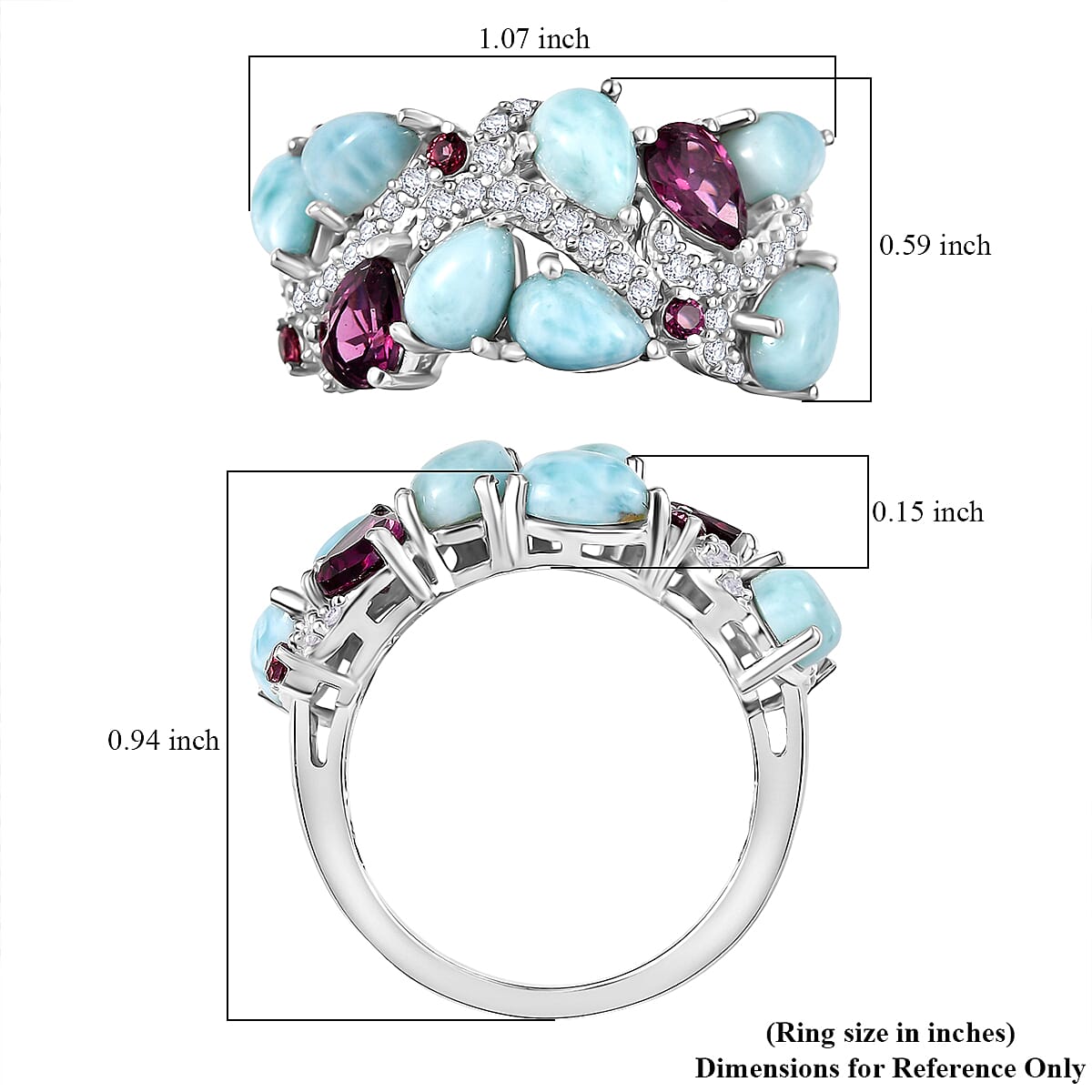 D'Joy Larimar and Multi Gemstone 5.50 ctw Sea Waves Ring in Rhodium Over Sterling Silver (Size 10.0)