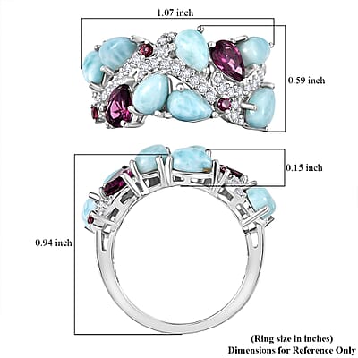 D'Joy Larimar and Multi Gemstone 5.50 ctw Sea Waves Ring in Rhodium Over Sterling Silver (Size 10.0)