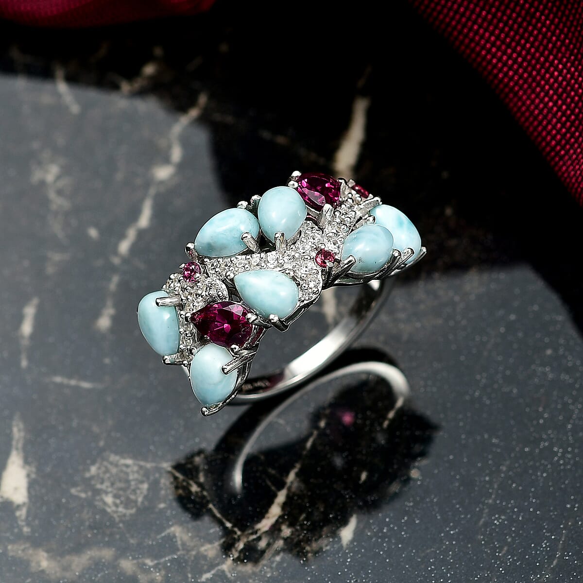 D'Joy Larimar and Multi Gemstone 5.50 ctw Sea Waves Ring in Rhodium Over Sterling Silver (Size 5.0) image number 1