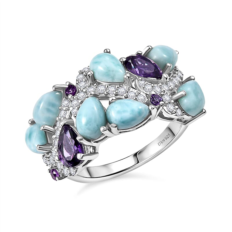 D'Joy Larimar and Multi Gemstone 5.30 ctw Sea Waves Ring in Rhodium Over Sterling Silver (Size 6.0)