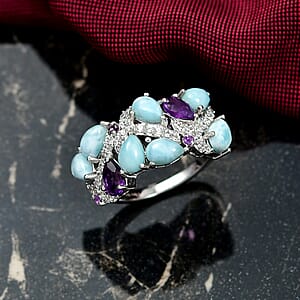 D'Joy Larimar and Multi Gemstone 5.30 ctw Sea Waves Ring in Rhodium Over Sterling Silver (Size 6.0)