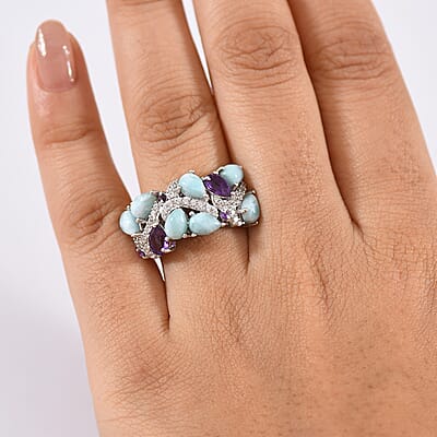 D'Joy Larimar and Multi Gemstone 5.30 ctw Sea Waves Ring in Rhodium Over Sterling Silver (Size 6.0)