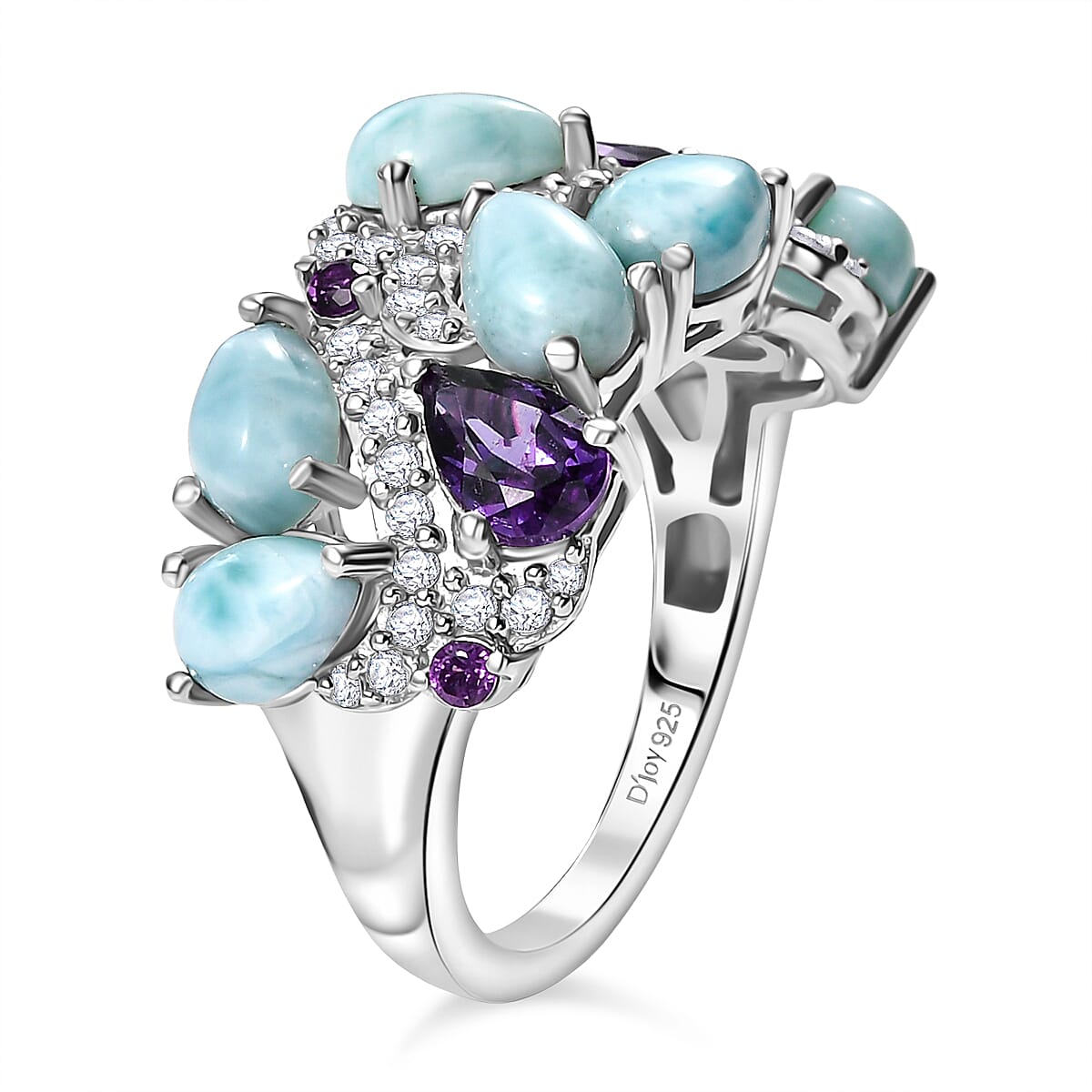 D'Joy Larimar and Multi Gemstone 5.30 ctw Sea Waves Ring in Rhodium Over Sterling Silver (Size 6.0) image number 3
