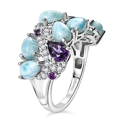 D'Joy Larimar and Multi Gemstone 5.30 ctw Sea Waves Ring in Rhodium Over Sterling Silver (Size 6.0)