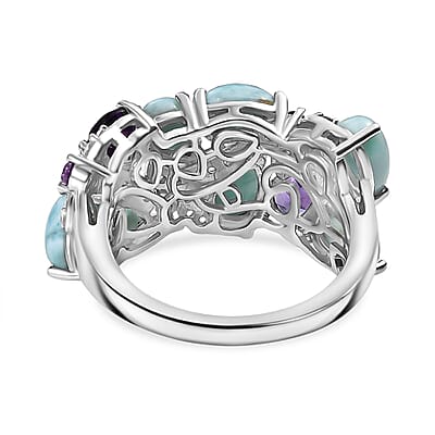 D'Joy Larimar and Multi Gemstone 5.30 ctw Sea Waves Ring in Rhodium Over Sterling Silver (Size 6.0)