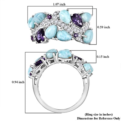 D'Joy Larimar and Multi Gemstone 5.30 ctw Sea Waves Ring in Rhodium Over Sterling Silver (Size 6.0)