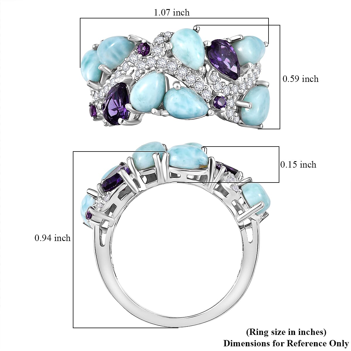 D'Joy Larimar and Multi Gemstone 5.30 ctw Sea Waves Ring in Rhodium Over Sterling Silver (Size 7.0) image number 5