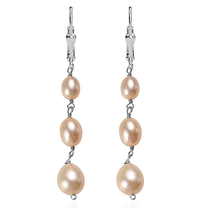 D'Joy Peach Freshwater Pearl Earrings in Rhodium Over Sterling Silver