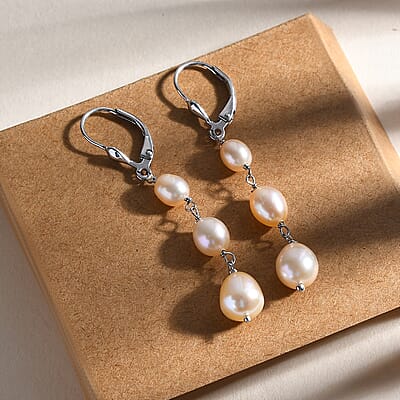 D'Joy Peach Freshwater Pearl Earrings in Rhodium Over Sterling Silver