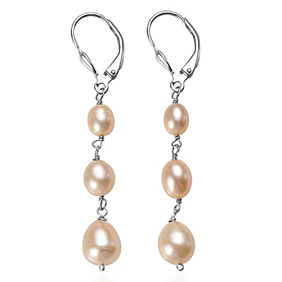 D'Joy Peach Freshwater Pearl Earrings in Rhodium Over Sterling Silver