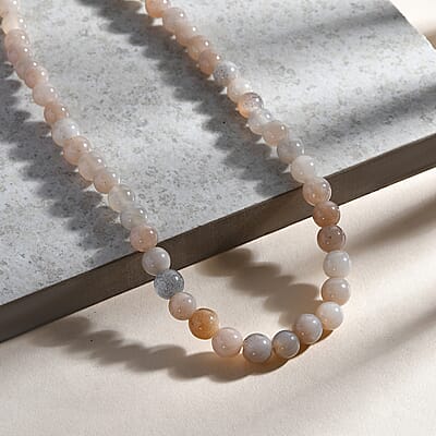 Peach Moonstone 110.00 ctw Beaded Necklace in Rhodium Over Sterling Silver 18 Inches