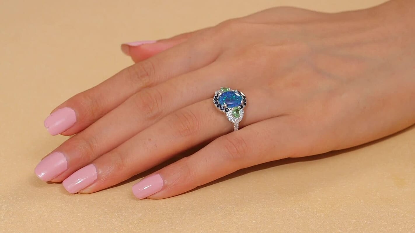 D'Joy Elysian Opal (Triplet) and Multi Gemstone 3.90 ctw Ring in Rhodium Over Sterling Silver (Size 10.0)
