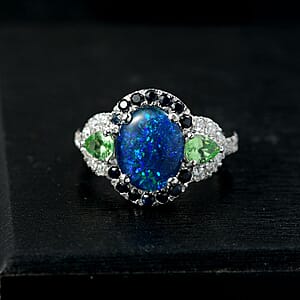 D'Joy Elysian Opal (Triplet) and Multi Gemstone 3.90 ctw Nebula Halo Ring in Rhodium Over Sterling Silver (Size 6.0)