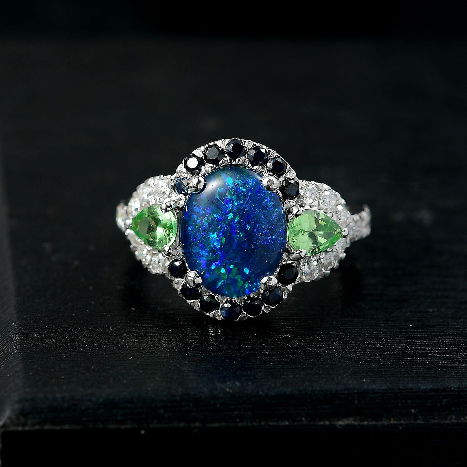 D'Joy Elysian Opal (Triplet) and Multi Gemstone 3.90 ctw Nebula Halo Ring in Rhodium Over Sterling Silver (Size 7.0)