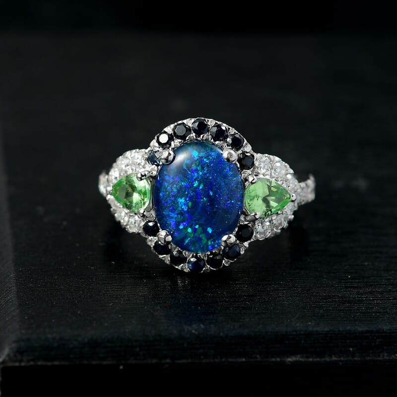 D'Joy Elysian Opal (Triplet) and Multi Gemstone 3.90 ctw Nebula Halo Ring in Rhodium Over Sterling Silver (Size 7.0)