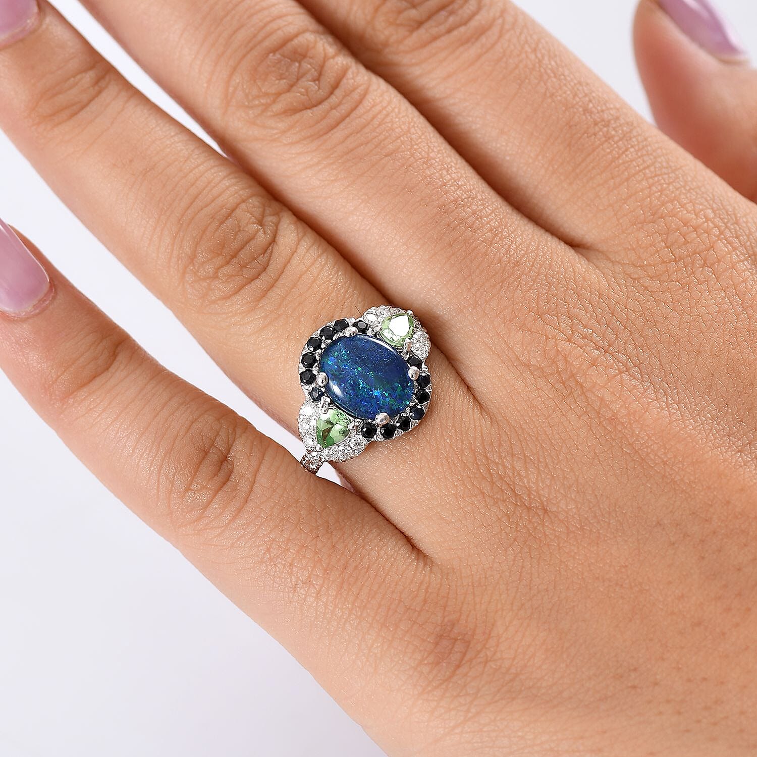 D'Joy Elysian Opal (Triplet) and Multi Gemstone 3.90 ctw Nebula Halo Ring in Rhodium Over Sterling Silver (Size 7.0)