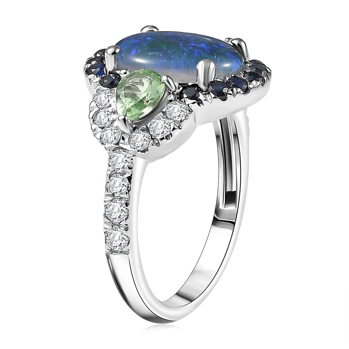 D'Joy Elysian Opal (Triplet) and Multi Gemstone 3.90 ctw Nebula Halo Ring in Rhodium Over Sterling Silver (Size 7.0)