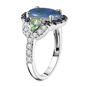D'Joy Elysian Opal (Triplet) and Multi Gemstone 3.90 ctw Nebula Halo Ring in Rhodium Over Sterling Silver (Size 7.0)