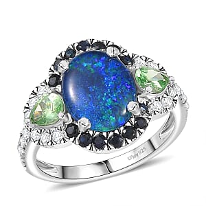 D'Joy Elysian Opal (Triplet) and Multi Gemstone 3.90 ctw Nebula Halo Ring in Rhodium Over Sterling Silver (Size 8.0)
