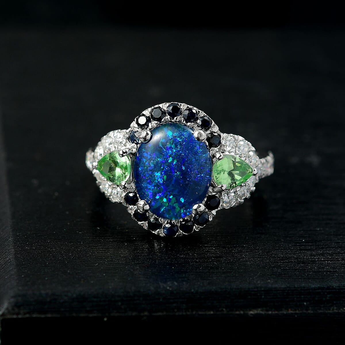 D'Joy Elysian Opal (Triplet) and Multi Gemstone 3.90 ctw Nebula Halo Ring in Rhodium Over Sterling Silver (Size 9.0) image number 1