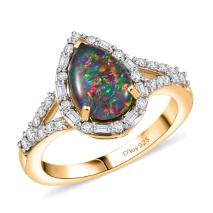 D'Joy Elysian Opal (Triplet) and Moissanite 1.90 ctw Lotus Ring in 18K Vermeil Yellow Gold Over Sterling Silver (Size 10.0)