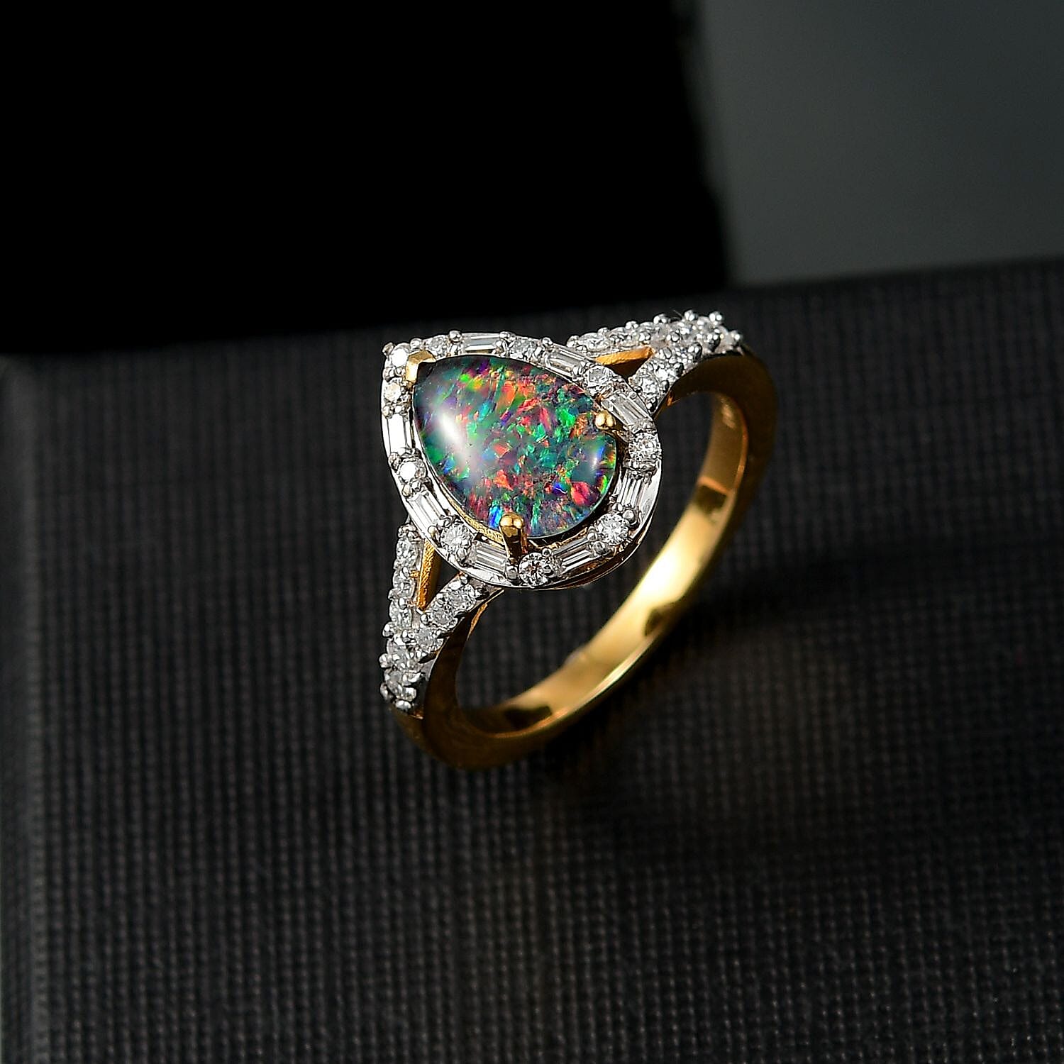 D'Joy Elysian Opal (Triplet) and Moissanite 1.90 ctw Lotus Ring in 18K Vermeil Yellow Gold Over Sterling Silver (Size 10.0)