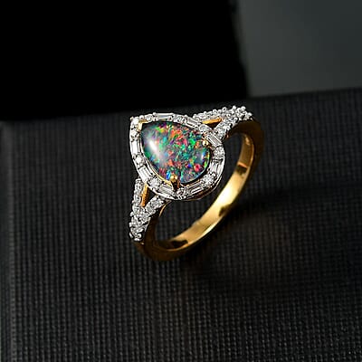 D'Joy Elysian Opal (Triplet) and Moissanite 1.90 ctw Lotus Ring in 18K Vermeil Yellow Gold Over Sterling Silver (Size 10.0)
