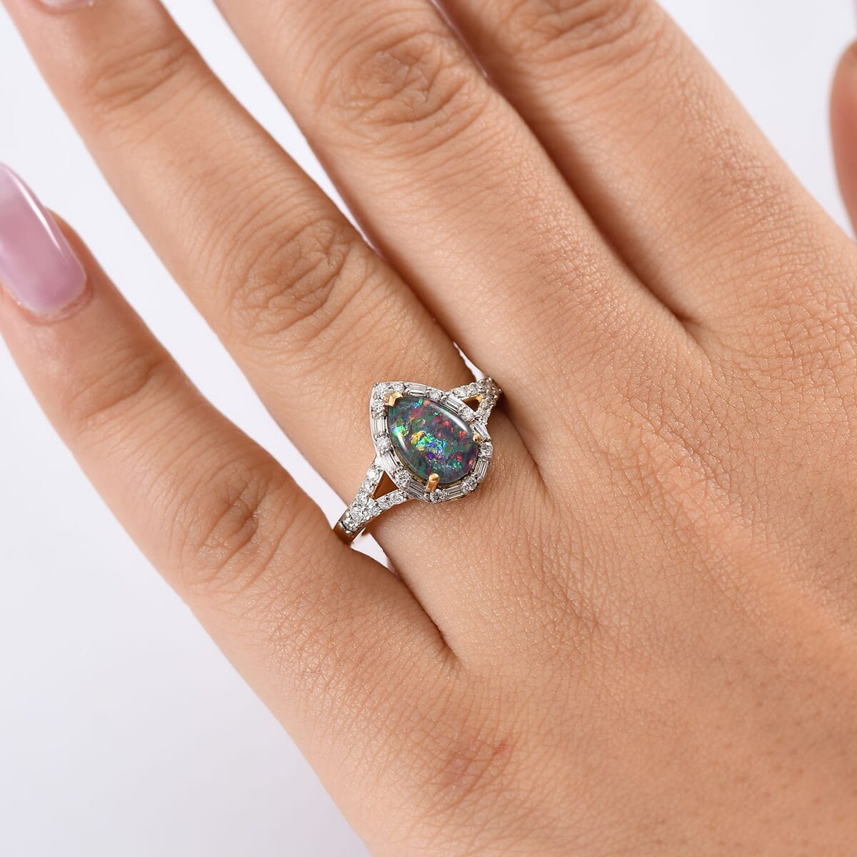 D'Joy Elysian Opal (Triplet) and Moissanite 1.90 ctw Lotus Ring in 18K Vermeil Yellow Gold Over Sterling Silver (Size 10.0) image number 2