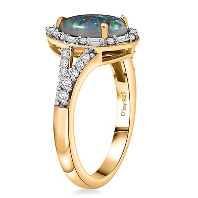 D'Joy Elysian Opal (Triplet) and Moissanite 1.90 ctw Lotus Ring in 18K Vermeil Yellow Gold Over Sterling Silver (Size 10.0)