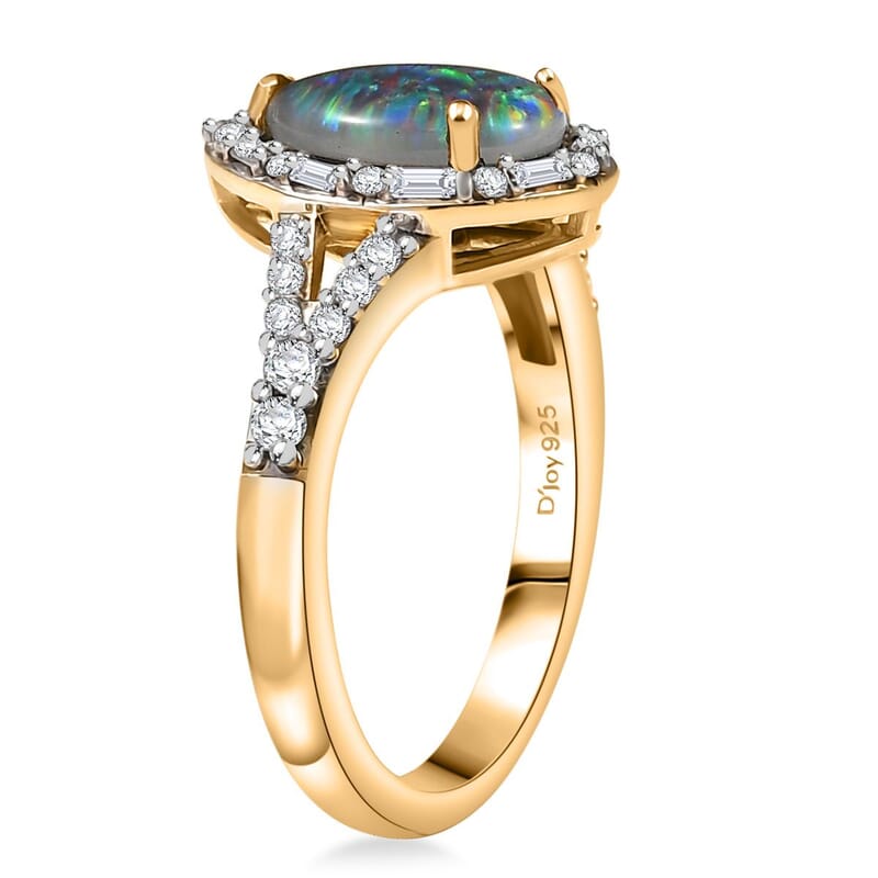 D'Joy Elysian Opal (Triplet) and Moissanite 1.90 ctw Lotus Ring in 18K Vermeil Yellow Gold Over Sterling Silver (Size 10.0)