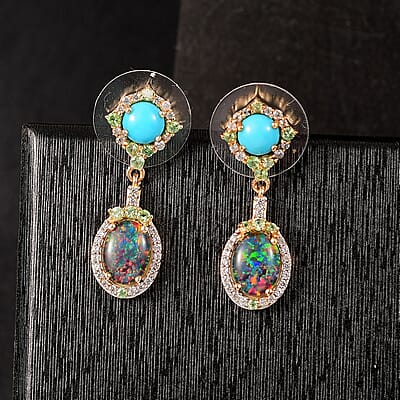 D'Joy Elysian Opal (Triplet) and Multi Gemstone 3.50 ctw Celestial Night Sky Earrings in 18K Vermeil Yellow Gold Over Sterling Silver