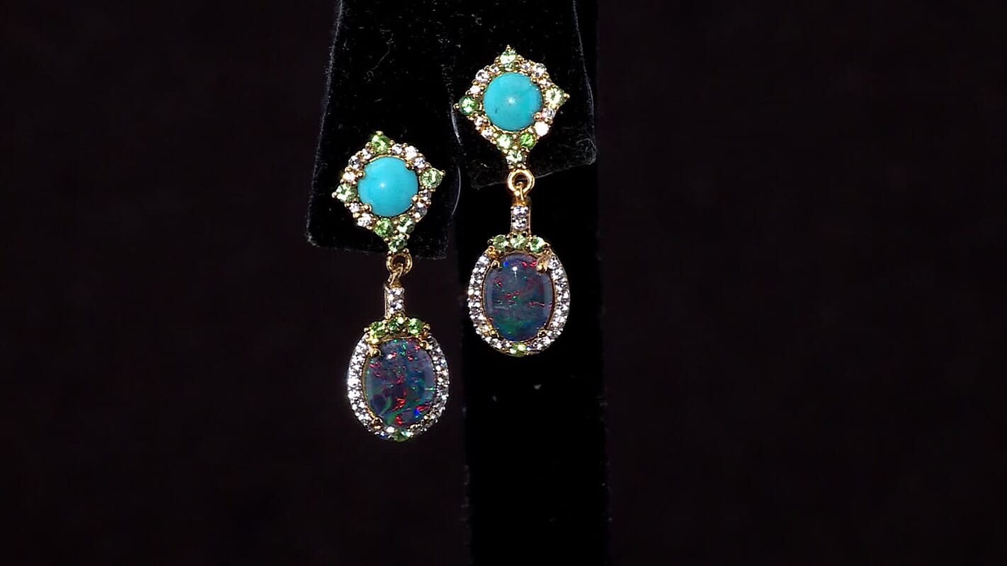 D'Joy Elysian Opal (Triplet) and Multi Gemstone 3.50 ctw Celestial Night Sky Earrings in 18K Vermeil Yellow Gold Over Sterling Silver