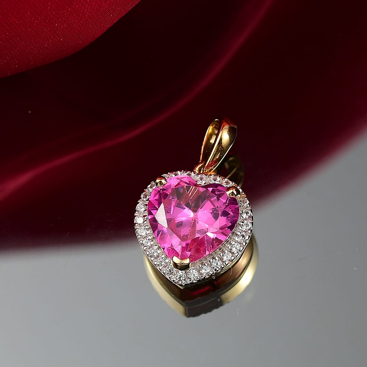 D'Joy Lab Created Pink Sapphire and White Zircon 4.70 ctw Pendant without Chain in 18K Vermeil Yellow Gold Over Sterling Silver image number 1