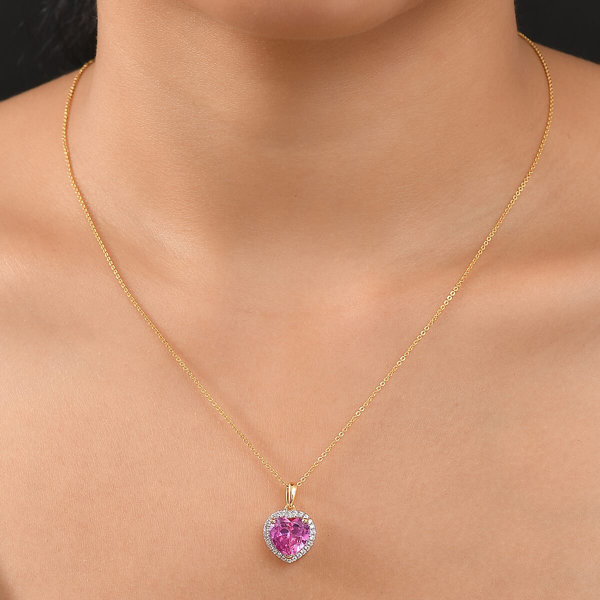 D'Joy Lab Created Pink Sapphire and White Zircon 4.70 ctw Pendant without Chain in 18K Vermeil Yellow Gold Over Sterling Silver image number 2
