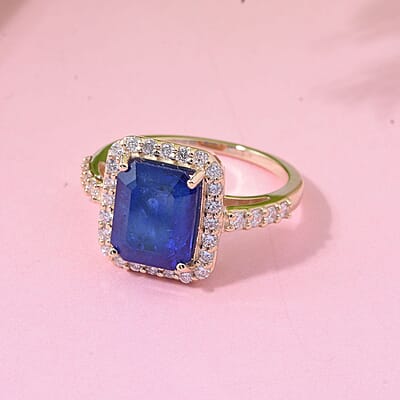 10K Yellow Gold Premium Tanzanian Blue Spinel (DF), Luxuriant Lab Grown Diamond (G-H, SI) Majestic Halo Ring (Size 12.0) 4.40 ctw
