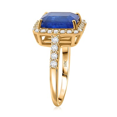 10K Yellow Gold Premium Tanzanian Blue Spinel (DF), Luxuriant Lab Grown Diamond (G-H, SI) Majestic Halo Ring (Size 12.0) 4.40 ctw