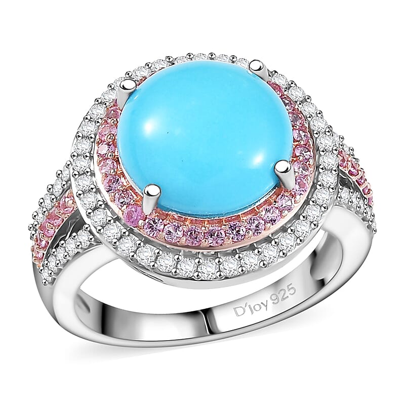 D'Joy Premium Sleeping Beauty Turquoise and Multi Gemstone 5.30 ctw Celestial Halo Ring in Rhodium Over Sterling Silver (Size 10.0) (Del. in 10-12 Days)