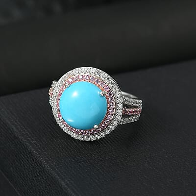 D'Joy Premium Sleeping Beauty Turquoise and Multi Gemstone 5.30 ctw Celestial Halo Ring in Rhodium Over Sterling Silver (Size 10.0) (Del. in 10-12 Days)