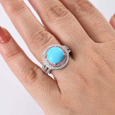 D'Joy Premium Sleeping Beauty Turquoise and Multi Gemstone 5.30 ctw Celestial Halo Ring in Rhodium Over Sterling Silver (Size 10.0) (Del. in 10-12 Days)