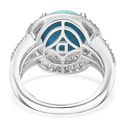 D'Joy Premium Sleeping Beauty Turquoise and Multi Gemstone 5.30 ctw Celestial Halo Ring in Rhodium Over Sterling Silver (Size 10.0) (Del. in 10-12 Days)