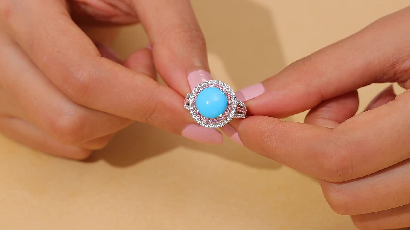 D'Joy Premium Sleeping Beauty Turquoise, Multi Gemstone Ring in Rhodium Over Sterling Silver (Size 10.0) 5.30 ctw