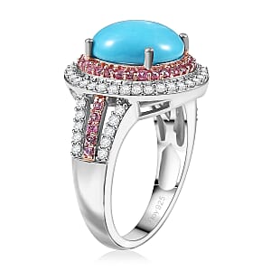 D'Joy Premium Sleeping Beauty Turquoise and Multi Gemstone 5.30 ctw Celestial Halo Ring in Rhodium Over Sterling Silver (Size 7.0) (Del. in 10-12 Days)